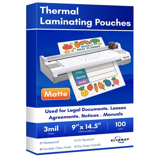 100 Pack Matte Thermal Laminating Pouches 9"x14.5" 3Mil Thick Matte