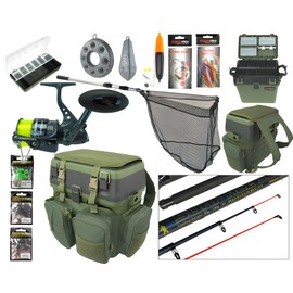 COMPLETE STARTER BEGINNER SEA FISHING KIT SET ROD REEL SEAT BOX & RUCKSACK NET