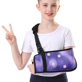 Fotgok Kids Arm Sling for Shoulder Immobilizer Injury with Rotatable Buckle, Cute Embossed Printed Fabric Arm Brace for Girls, Medical Shoulder Brace for Children (Purple, Large)