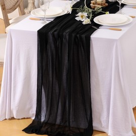 Santaben 4pcs Black Cheesecloth Table Runner 120 Inch Soft Rustic Boho Gauze Cheese Cloth Table Runner for 10FT Wedding Birthday Party Spring Home Decoration