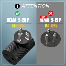 Angled 4 in 1 NEMA 5-20P Power Adapter, Plugrand NEMA 5-20P to 5-15R, 5-20R, 6-15R, 6-20R Double T-Blade Receptacle, Downward Angled Power Adapter