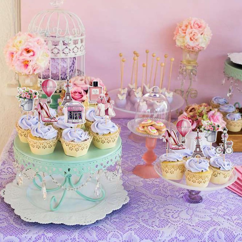 32Pcs Paris Party Cupcake Topper Pick Eiffel Tower Bicycle High