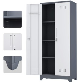 IRONFFICE Metal Storage Cabinets,Garage Tool Storage Cabinets with Hanging Rod,Locking Broom Closet Cabinet,Utility Closet with Doors for Home Office,Basement,Gyms,Grey-White