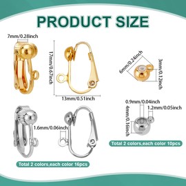 PH PandaHall 32PCS Clip-On Earring Converters, 2 Colors Adjustable Brass Earrincg Clips Findings with Loops and Brass Tube Bails for None Pierced Ears DIY Earring Jewelry Making, Platinum and Golden
