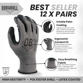 Durabull Latex Coated Work Gloves - Heavy Duty Protective Gloves For Builders, Garden & Working. Secure Fit With Anti Slip Grip. (Grey, 9 (L))