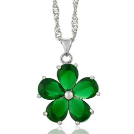 RIZILIA Blossom Pendant with 18" Chain & Pear Cut CZ [Simulated Green Emerald] in White Gold Plated, Simple Modern Elegant