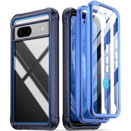 POETIC Guardian Case Compatible with Pixel 8A 5G (2024), Built-in Screen Protector [Works with Fingerprint ID], [2 Front Frames] Full Body Shockproof Rugged Protective Case, Blue/Clear