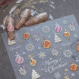 JMEOWIO 3D Nagelsticker Weihnachten Schneeflocke Gold Weiß Nail Art Sticker Selbstklebend Nagelaufkleber 5D Stereoskopisch Dekoration Nageldesign Zubehör 1 Blatt