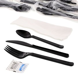 AmerCare Six Piece Meal Kit with 13 x 17 Napkin, Salt and Pepper Packets, Black Heavy Weight Fork, Knife, and Teaspoon, Case of 250