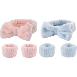 Noguez. Juego de Diadema de Baño y 2 Muñequeras Absorbentes para Skincare, Spa, Yoga, Spa Headband Women. (Rosa y Azul)
