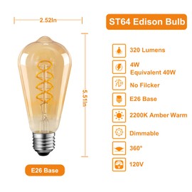 Vinaco Dimmable ST64 Edison Bulb 2200K Amber Warm, 6 Pack Antique Flexible Spiral LED Filament ST64 Amber Bulb 320LM, LED Bulb 4W Equivalent 40W 120V, Flicker Free E26 Bulb with CRI90+