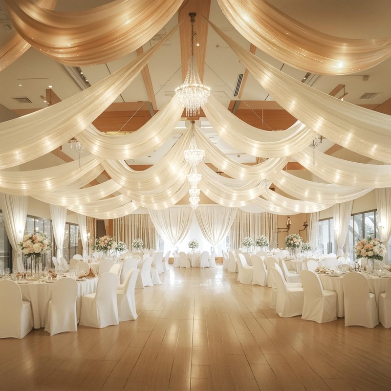 Ivory Ceiling Drapes with Lights String for Weddings, 6 Panels