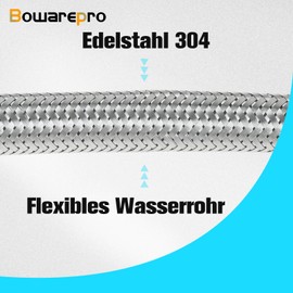 BOWAREPRO Pack of 2 Flex Hose Fittings, Stainless Steel Connection Hose G1/2 Inch x G1/2 Inch, Reinforced Hose Tap, Shower Braid Flexible Hose for Tap Mixer Tap (50 cm)