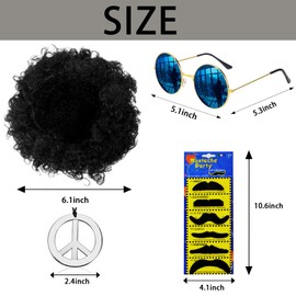 ANROI 9 Piece Hippie Costume Set for Men, 70s 80s Disco Afro Wig, Sunglasses, Peace Sign Necklace, Moustache, Ideal for Retro Party