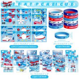122PCS Airplane Party Favors Set - 50 Stickers, 12 Assemble Stickers, 12 Button Badges, 12 Mini Notepads, 12 Slap Bracelets, 12 Rubber Bracelets, 12 Goodie Bags for Plane Party Baby Shower Supplies