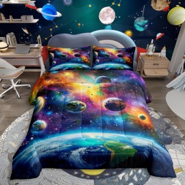 Feelyou Universe Galaxy Comforter Set Full Size Kids Planets Earth Bedding Set Boy Girl Teen Solar System Comforter Breathable Outer Space Duvet Set Nebula Quilt Set