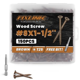 Wood Screws 1-1/2 Inch, FIXLINK Deck Screws #8 x 1-1/2", 150 PCS, Epoxy Coated, T25 Star Bit Above 1500 Hour Salt Spray Coating Outdoor Decking Screws Excellent Rust Resistant for Wood Fence, Brown