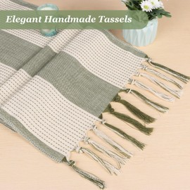Kaket Linen Table Runner 183 x 33 cm, Table Runner Green with Handmade Tassels, Coffee Table Runners for Table Dining Holiday Party Decoration (Sage Green)