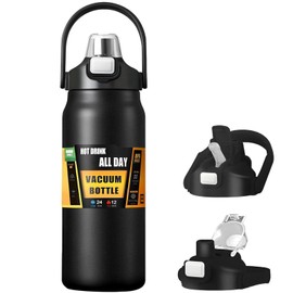 Ogetok Insulated Water Bottle with 2-in-1 Straw, 1.5L/50oz Stainless Steel Sports Drink Bottle, Leakproof Large Metal Vacuum Thermal Flask with Handle, 24H Cold & 12H Hot, Double Walled, Black