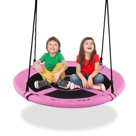 HONEY JOY 40 Inch Saucer Tree Swing, Indoor Outdoor Kids Swing Set w/Height Adjustable Hanging Straps, Wear-Resistant & Water Proof Large Round Flying Saucer for Playground Backyard Playroom (Pink)