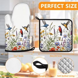 Wildflowers Birds Oven Mitts and Pot Holders Sets 4Pcs,Extra Long Oven Gloves Potholder for Kitchen Cooking Baking BBQ 100% Cotton Heat Resistant