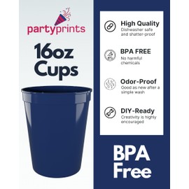 PartyPrints 10 Pack 16 Oz Navy Blue Reusable Blank Plastic Cups, Stadium Cups Bulk – BPA Free Dishwasher Safe Party Cups, Colored Cups Perfect for Party, Wedding, Birthday Graduation, Clubs