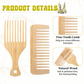 2 PCS Wooden Pick for Hair & Beard Pick, Bamboo Wide Tooth Comb Set, Anti-Static Hair Pick Comb for Curly Hair, Wooden Hair Pick for Detangling & Styling for Men & Women