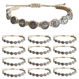 12pcs St Benedict Bracelets Nature Color String Saint Benedict Rosary Bracelet Medalla De San Benito Catholic Gift For Men Women (Nature Color)