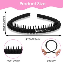 Ptwola 2pcs Teeth Comb Headband for Girls Women, Non-slip Plastic Skinny Hairbands Soft Comfortable Hair Hoop Hair Accessories for Daily Use Yoga Spa Parties (Black)