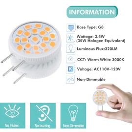 G8 LED Bulb G8 Mini Thin Puck Light Bulb 3.5Watt (35W Halogen Bulb Equivalent) T4 G8 Bi-Pin Base 120V 3000K Warm White G8 Bulb for Under Counter Kitchen Lighting, Under Cabinet Light (5-Pack)