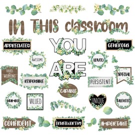 VABAMNA Bulletin Board Decorations, Eucalyptus Classroom Decor, 60ft Eucalyptus Positive Inspirational Affirmation Decor Greenery Classroom Decor for Teacher School Supplies Classroom Door Wall