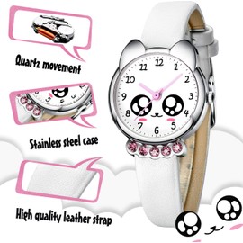 KDM Children's Watch Girls Boys Waterproof Cartoon Watch Children Girls Time Leather Teaching Wrist Watch Children's Watch Analogue, A-4【Fox】White, Strap.