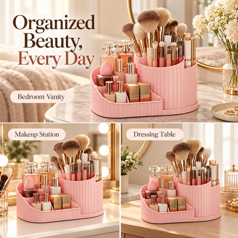 360° Rotating Makeup Organizer for Vanity – Multi-Compartment Cosmetic Storage