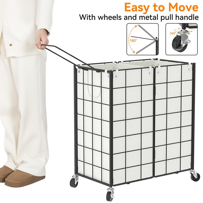 WOWLIVE Double Laundry Hamper with Wheels,Metal Wire Frame Rolling Laundry