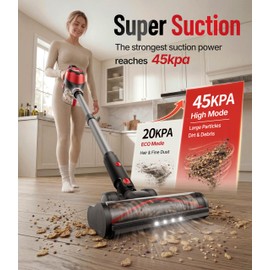 Cordless Vacuum Cleaner for Home, Stick Vacuum 45Kpa, Smart Display & 1.5L Dust Cup, MAX 40mins Runtime, Rechargeable Lightweight Handheld Vavuum for Pet Hair/Carpet/Hardwood Floor/Car (Crimson)