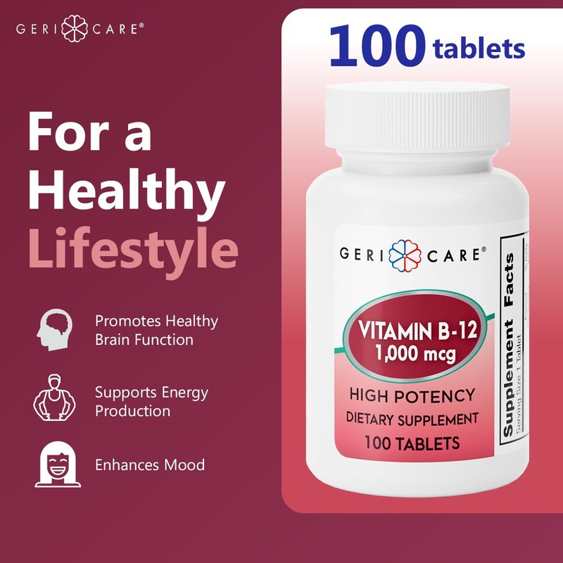 GeriCare Vitamin B-12 1000mcg High Potency Tablets, Premium Dietary Supplement