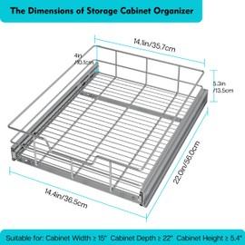 Pull Out Cabinet Organizer 14" W X 22" D, Slide Out Drawers For Kitchen Organizers and Storage, Pull Out Drawers For Cabinets Capacity Heavy Duty Caddy, Cabinet Shelves Chrome-Plated, Bathroom Pantry