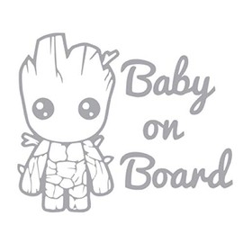 Baby Groot Baby On Board Vinyl Sticker Decals (Pack of 2) for Car Bumper Window Laptop Tablet Phone (8" x 6.6", Silver)