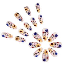 Summer Press on Nails Medium Almond Fake Nails with Colorful Flower Designs Spring Nails Press ons Glossy Glue on Nails Nude Acrylic Nails Cute False Nails Artificial Stick on Nails for Women 24Pcs