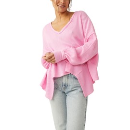 Free People Coraline Thermal Pullover for Women - Drapey - Relaxed Fit - V-neckline - Dropped Shoulders Sugar Magnolia LG (Women's 12) One Size