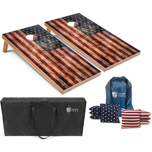 Tailgating Pros Rustic American Flag Cornhole Boards w/Bean Bags - 4'x2' Distressed Flag Cornhole Game w/Carrying Case & Corn Hole Bags