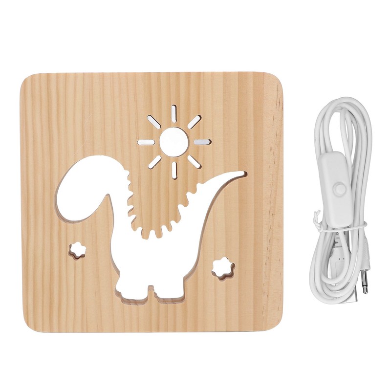 Wood Carving Lamp Dinosaur Hollow Pattern Warm White Light USB