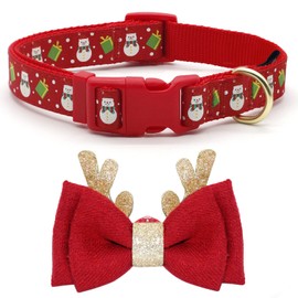 azuza Christmas Dog Collar Adjustable Xmas Dog Collar with Christmas Antler Bow tie Accessories Snowman Dog Collar for Puppy and Small Dogs