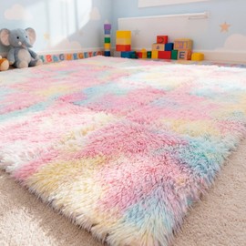 Maasechs 16 Pcs Pastel Faux Fur Floor Tiles, 11.8 x 11.8 in Puzzle Girls Play Soft Tiles, 1.5 Inch Shaggy Square, EVA Foam Floor Mat for Nursery, Playroom, Bedroom, Toddler Room, Daycare