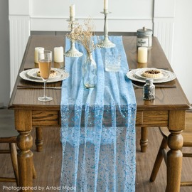 Artoid Mode Light Blue Gold Gauze Table Runner 120 Inch 10FT, Glitter Metallic Foil Sheer Dining Wedding Anniversary Holiday Table Decor for Home Party