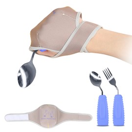 Ehucon Adaptive Cutlerys with Universal Elastic Utensil Holder Cuff Set,Eating Utensils Easy Grip for Hand Tremors,Parkinsons or Disabled（Spoon&Fork&Holder Cuff Set（R））