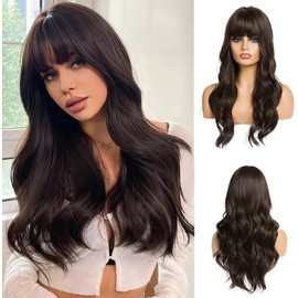 CGVG Long Curly Wavy Wig with Fringe Charming Dark Brown Wig Women's Natural Synthetic Heat Resistant Wig for Party Daily Wear Fancy Dress Brown Wig