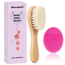 Mocokkiti Baby Hair Brush, Goat Bristles Brush and Rose Red Baby Silicone Brush Set for Cradle Cap Wood Bristle Brush for Newborns and Toddlers (2 Piece)