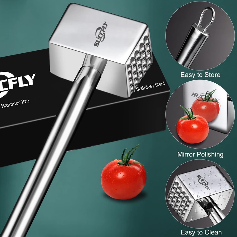 SUCCFLY Meat Tenderizer Stainless Steel, Heavy Duty Meat Hammer, Kitchen
