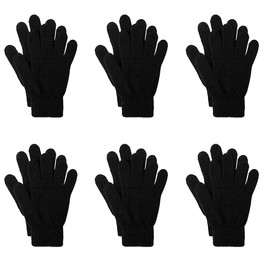 BANDIDOS Pack 6 Pairs Black Winter Warm Mens Boys Girls Women Warm Stretch Full Finger One Size Magic Gloves